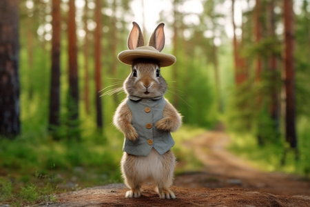 Rabbit dressed in a hat on a forest background. Easter concept.の素材