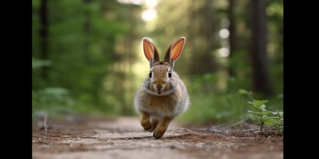 Rabbit running on the road in the forest. Cute wild animalの素材
