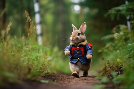 Cute little rabbit with a bow tie on a forest path.の素材