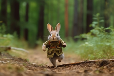 Cute little rabbit in a green jacket walking on a forest pathの素材