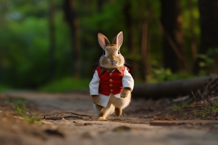 Rabbit in a red jacket and bow tie on the forest pathの素材