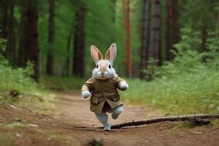 Rabbit in a raincoat walks in the forest on a pathの素材