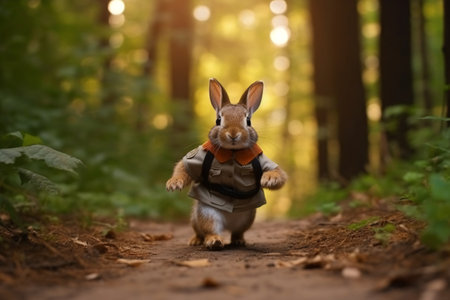 Cute little rabbit in a jacket with a toy in the forestの素材