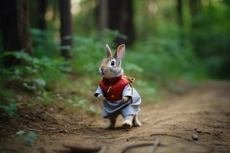 Rabbit in the forest with a red heart in his hand.の素材