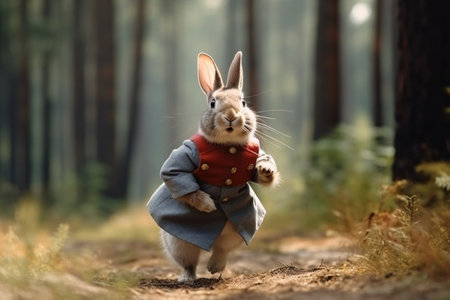 Rabbit dressed as a historical character in a fairy tale forest.の素材