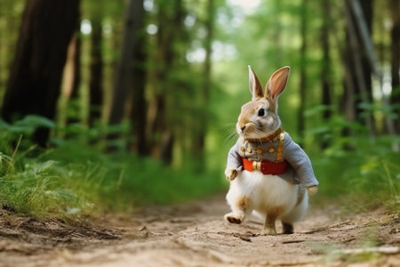 Cute little rabbit in the forest. Easter bunny in the forest.の素材