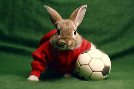 Rabbit in a red sweater with a soccer ball on a green backgroundの素材