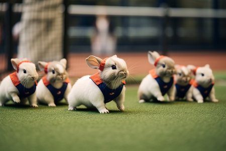 Group of little white rabbit on green grass in the petting zooの素材