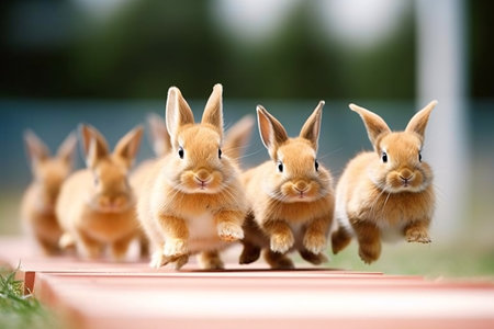 group of cute little rabbits running on the grass, easter conceptの素材