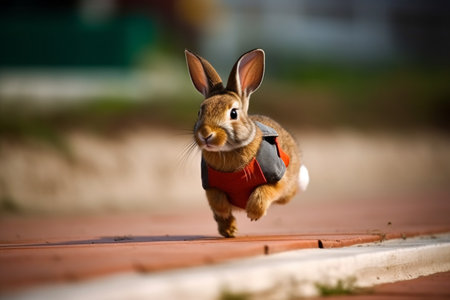 Cute little brown rabbit running on the track. Easter bunny.の素材