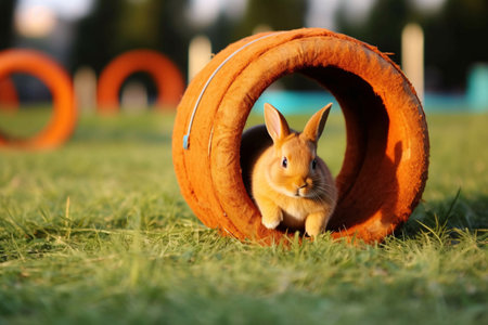 Cute little rabbit in toy ring outdoors on sunny day. Adorable petの素材