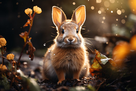 Cute little rabbit in the autumn forest. Happy easter.の素材