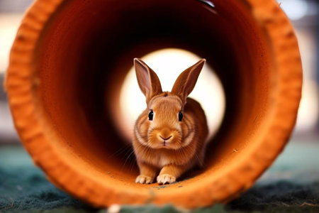 Cute little rabbit in orange plastic tube, closeup. Easter conceptの素材