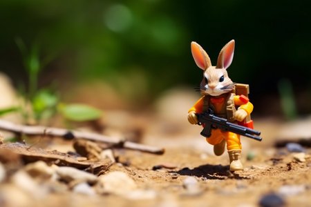 Rabbit with a gun in the forest. Selective focus.の素材