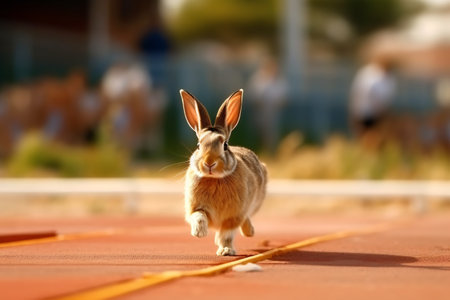 Rabbit running on the track. Selective focus. Animal.の素材