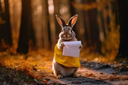 Cute little rabbit in a yellow sweater with a letter in the forest.の素材