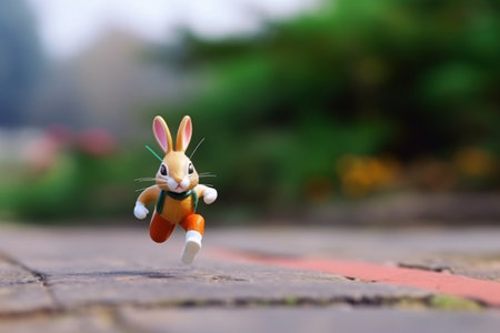 Miniature easter bunny with orange and green leaves on blurred backgroundの素材