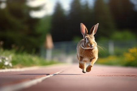 Rabbit running on the road in the park. Animal concept.の素材