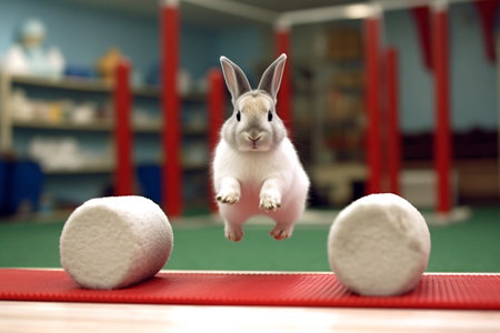 Cute little rabbit on gymnastic mat in fitness studio. Healthy lifestyle concept.の素材
