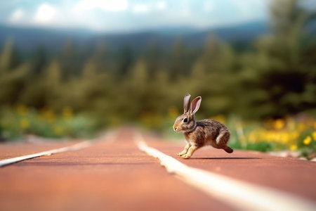 Rabbit running on a track in the mountains. Easter holiday conceptの素材