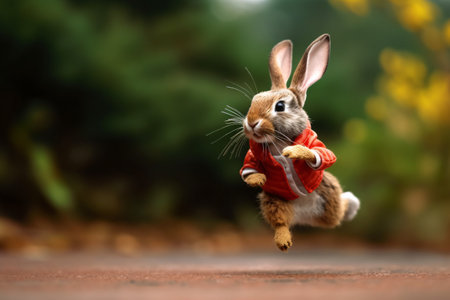 Rabbit in red jacket running on the road. Easter concept.の素材