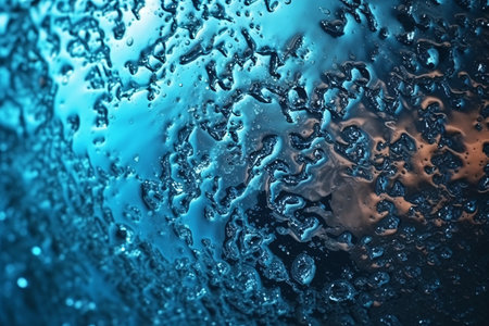 Water drops on the glass in blue tone. Abstract background and texture for design.の素材