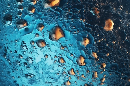 Abstract blue background with water drops and bubbles. Close-up.の素材