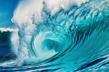 Surfing ocean wave. 3d illustration. Blue ocean wave.の素材