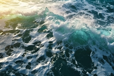 Sea wave with foam at sunset. Blue sea water background. Close upの素材