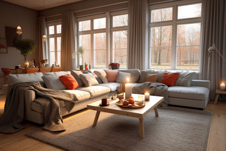 Living room interior with sofa, coffee table and candles. 3d renderの素材