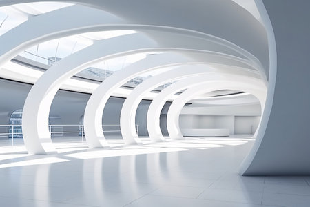 Interior of modern office building with white walls and ceiling. 3d renderingの素材