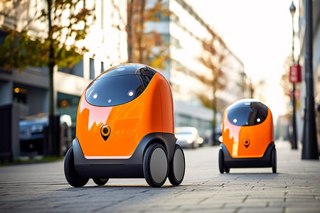 Modern electric car on the city street. Autonomous electric vehicle conceptの素材