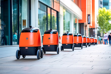 The future of automated delivery. Delivery technologies. Modern self-driving robots in the city. Autonomous robots.の素材