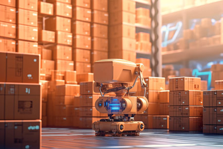 3d rendering robot working in warehouse. This is a 3d render illustration.の素材