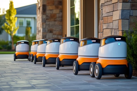 Row of electric trolleys in front of a new house.の素材
