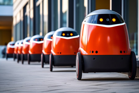 Row of orange electric self-balancing self-balancing robots in the cityの素材