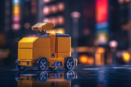 3d illustration of yellow toy car with city in the background.の素材