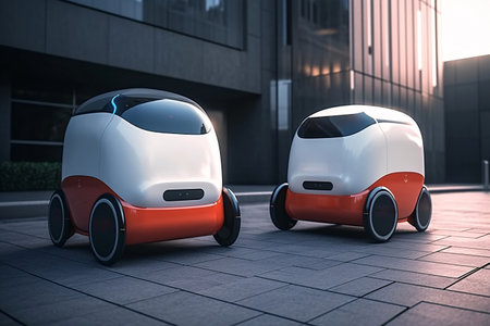 Two modern electric cars in the city. 3d rendering. Future technology concept.の素材