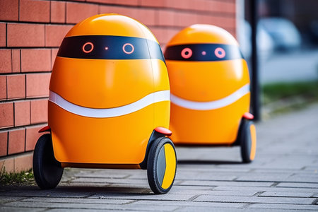 Two orange robots with wheels standing on a sidewalk near a brick wallの素材