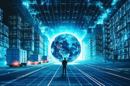 Silhouette of businessman looking at world map on cargo container backgroundの素材