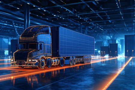 3d rendering of a big truck on the road with neon lightsの素材