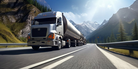 Truck on the highway with mountains in the background. 3d renderingの素材