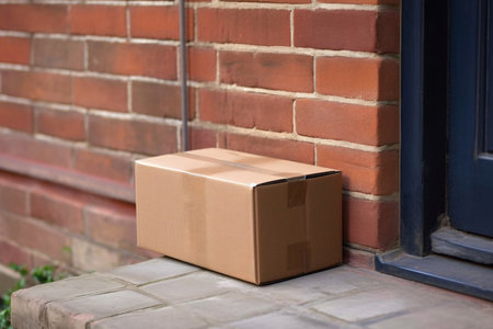 A brown cardboard box stands on the steps of a brick wall.の素材