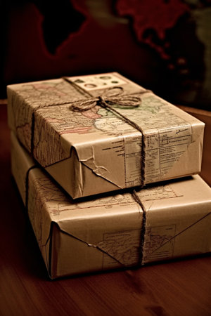 Gift boxes on a wooden table with a map in the backgroundの素材