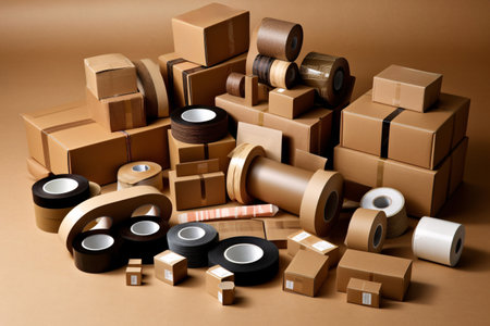 Cardboard boxes and rolls of adhesive tape on a brown background.の素材