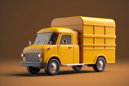 Yellow retro delivery truck on brown background. 3d render illustration.の素材
