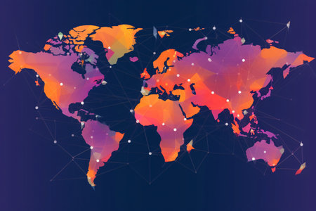 Colorful polygonal world map with connected lines and dots.の素材