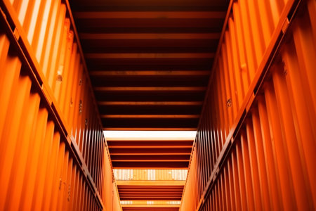 Cargo containers in a freight terminal, close-up. Industrial backgroundの素材