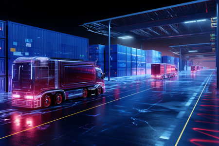 Truck with containers in the warehouse at night. 3d renderingの素材