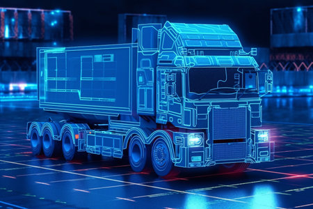 3d rendering of a big truck in the night city with neon lightsの素材